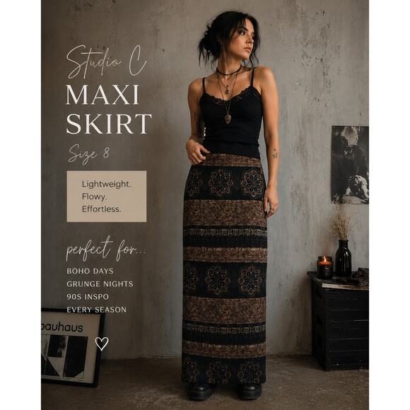 Studio C Dresses & Skirts - Vintage Wrap Maxi Skirt Size 8 Black Brown Medallion Print Dark Boho Grunge 90s